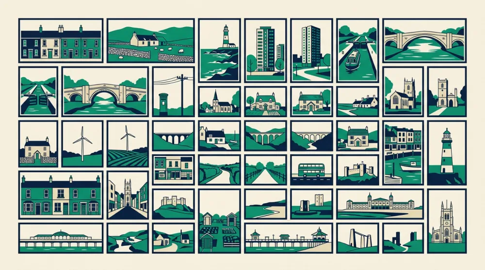 A grid of small framed vignettes of British scenes
